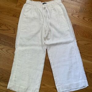 J. Crew White Linen Pants, lined, with side pockets and drawstring.